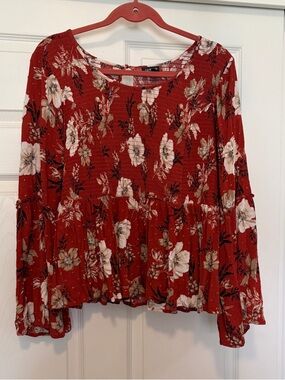 torrid Red Floral Tiered Long-Sleeve Smocked Peplum Top